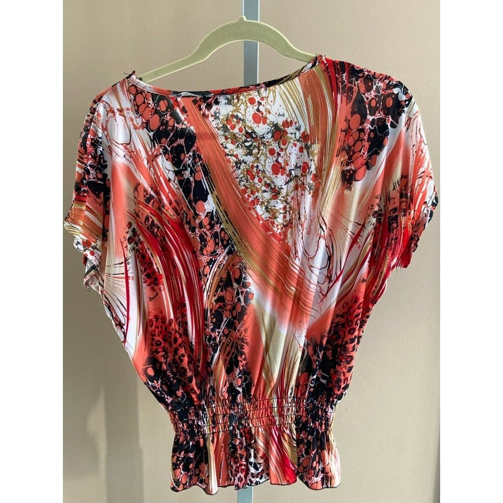 Paris Pink Womens Shirt Medium Pink Black Top V-Neck Spring Summer Work Career - Picture 5 of 8